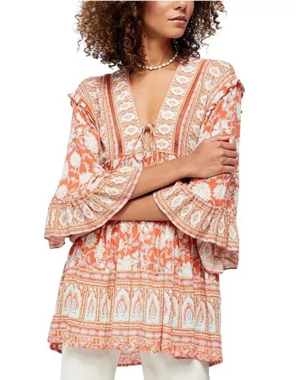 Free People Flower Power Tunic Red Floral Boho Mini Dress Size S